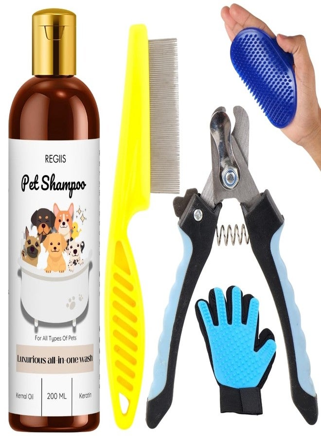 REGIS Pet Grooming Kit, 5-Piece Set with Dog Shampoo, Flea Comb, Nail Clippers, Deshedding Brush, Grooming Glove for All Types of Pets